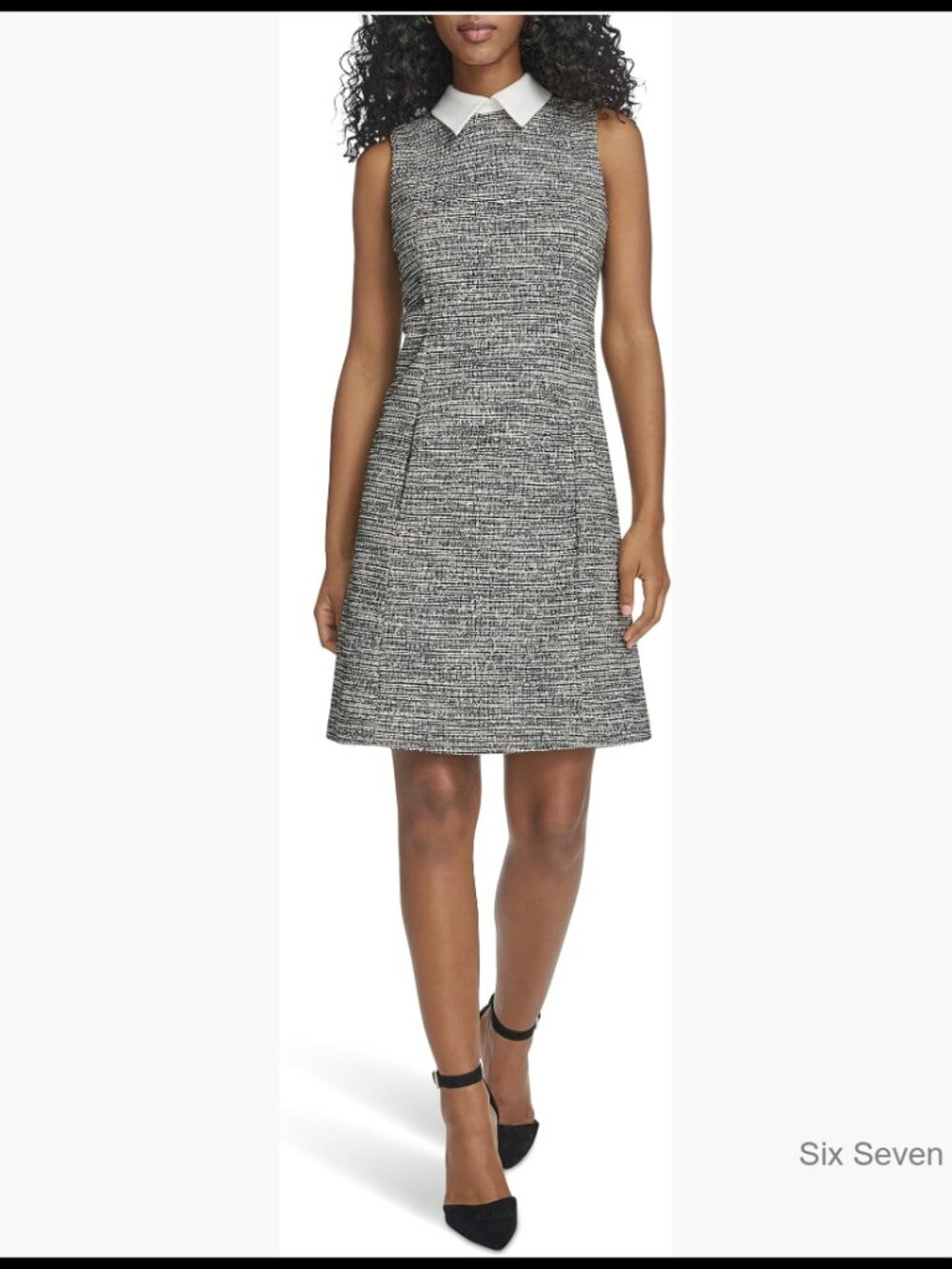 Sleeveless Collared Tweed Shift Mini Dress, Polyester Blend, Knee-Length